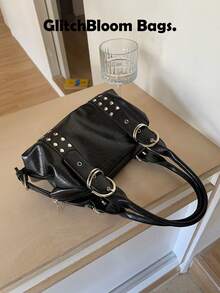 韩版铆钉手提包 女士单肩包 高品质大容量通勤多功能骑行包 - 黑色 - 查看 3