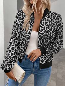 Keke Bloomly Women's Lightweight Zip-Up Casual Leopard Print Baseball Jacket, Fashionable And - Light Grey - View 7