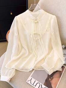 ii Bluză nouă cu mânecă lungă în stil chinezesc, cu dantelă florală, model patchwork, pentru femei, primăvară - Caisă - Vizualizare 2