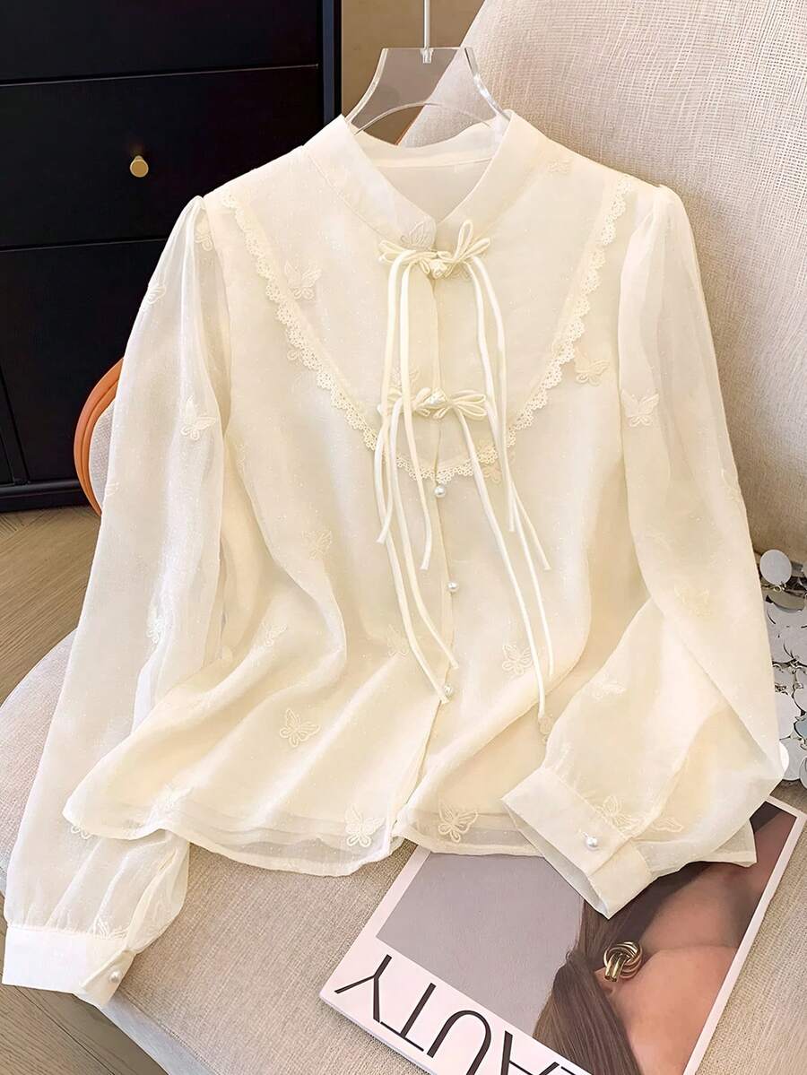 ii Bluză nouă cu mânecă lungă în stil chinezesc, cu dantelă florală, model patchwork, pentru femei, primăvară