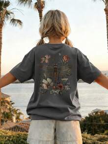 1pc Girls Casual Graphic Print Round Neck Short Sleeve T-Shirt, Summer Student Wear, Inspiring Imagination & Self-Expression Via English Letter Print - Dark Grey - View 8