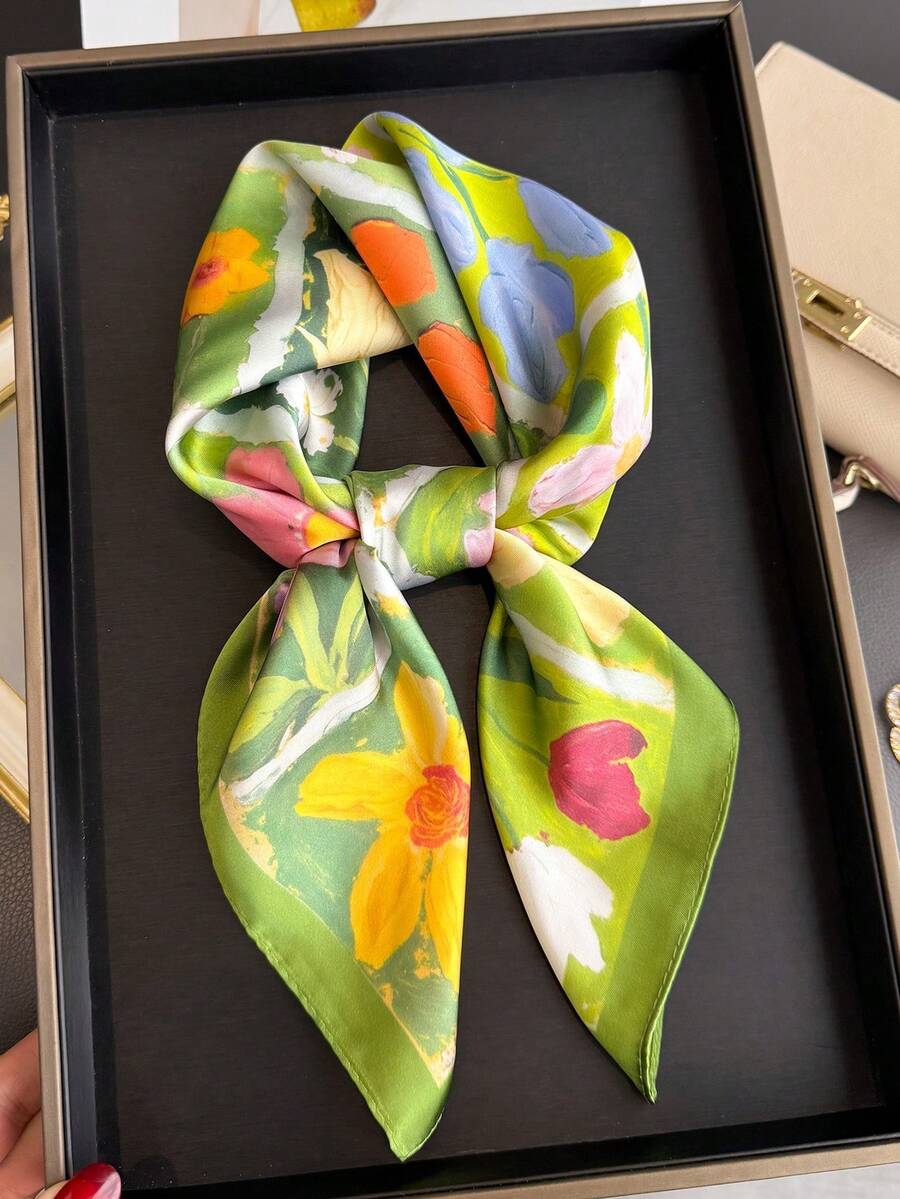 1条女士优雅复古印花轻薄缎面围巾，仿丝绸材质，波西米亚复古休闲风格，可作围巾或披肩佩戴，柔软舒适，适合春夏日常穿着和外出活动。 - 彩色 - 查看 1