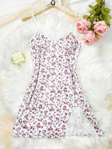 1 pièce Nuisette en dentelle sexy pour femmes, imprimé floral avec fente et bretelles. Robe fourreau ample et ajustée, convient pour les rendez-vous romantiques et les occasions spéciales - Blanc - Voir 5