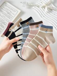 5 đôi tất ngắn tay nữ họa tiết gấu sọc dễ thương, thoáng khí, không lộ cổ chân, thích hợp làm quà tặng, màu trắng hoặc đen, phù hợp mặc hàng ngày và thường ngày, mùa xuân hè và mọi mùa. - Nhiều màu - Xem 8
