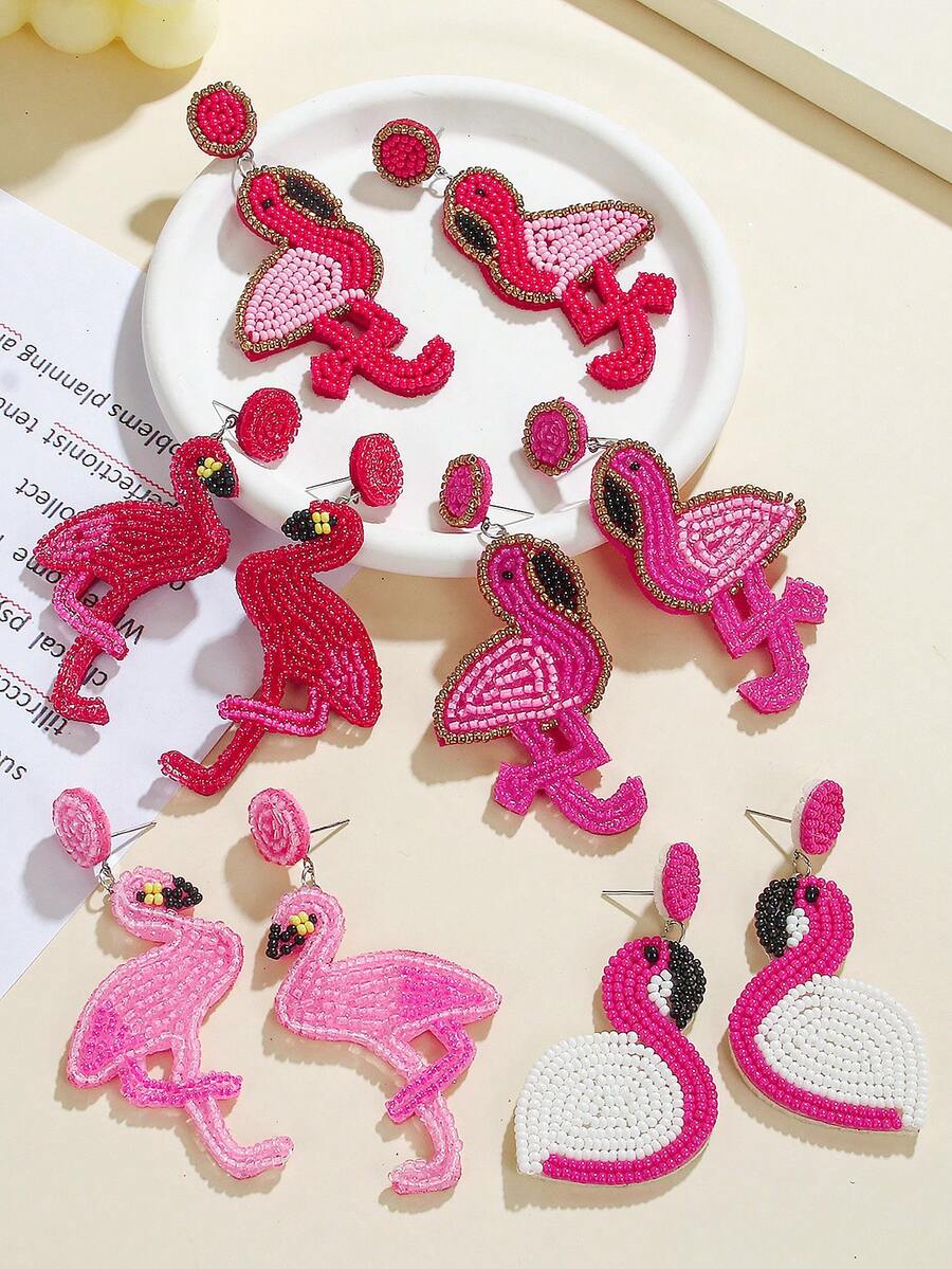1对卡通火烈鸟串珠耳环 - 创意时尚女式首饰，手工波西米亚风格