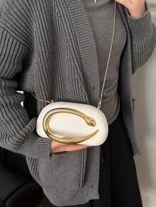 小众设计高端蛇纹金属细节装饰盒式手拿包，新款女士晚宴包，适合派对、宴会、舞会，时尚链条单肩斜挎包，化妆包，手机零钱包 - 白色 - 查看 5