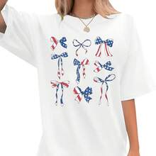 USA T Shirts For Wo 4th July An Star Stes Bows Retro Patriotic Oversized Short Sve T-Shirt - 紅色 - 查看 1
