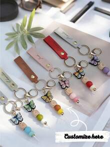 Personalized Keychain, Daisy Beaded Keychain, Butterfly Shaped Keychain (Customizable With Name/Initial/Date), Women's Style - Customizable Engraved Leather Keychain With Beaded Pendant, Name/Initial/Date - Cute And Fashionable Bag Charm, Suitable For Valentine's Day, Birthday, Daily Use - Multicolor - View 1