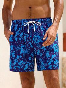 Manfinity Swimmode Floral Print Casual Beach Shorts Men, Black Swim Trunks, Black Hawaiian Floral Print Swim Shorts Men - 海軍藍 - 查看 7