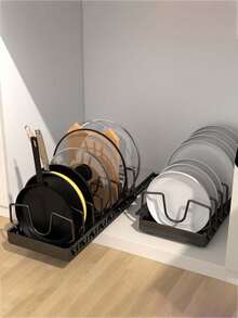 [Expandable Organizer With Utensil Rack] 2pcs  Expandable Kitchen Organizer With Pot Lid Holder, Utensil Rack, Dish Drainer & Pull-Out Drawer - Space-Saving Storage Solution - Black - View 3