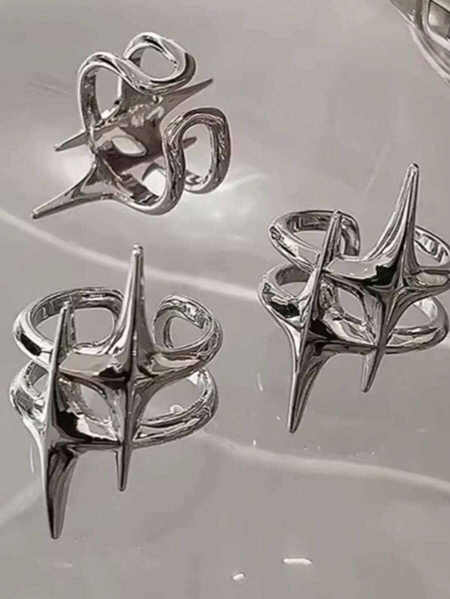 Anillos abiertos de color plateado de cobre con estrellas para mujeres y hombres, anillos de pareja ajustables de estilo vintage, joyería de regalo - Estrella - Ver 1