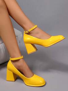 Geeyea Elegant Women's High Heels, Ankle Buckle Design, Multiple Colors To Choose From, Thick Heel Design, Suitable For Dance Parties, Also Suitable For Plus-Size Women, Shiny Leather Shoes, Local Warehouse Women's Products,Shoes For Women,Heels For Women,Local Warehouse Items For Women - 金色 - 查看 4