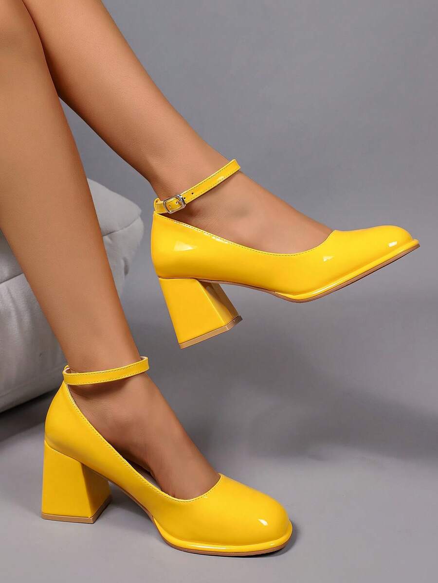 Geeyea Mary Jane Block Heel Pumps For Women Patent Leather Round Toe Ankle Strap Office Work Shoes - 金色 - 查看 1