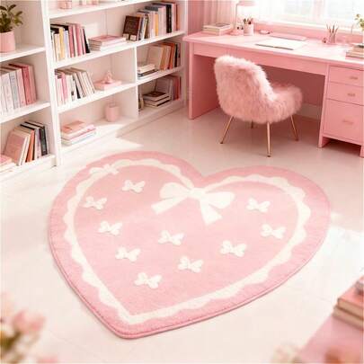 1 pieza Alfombra de área con diseño de lazo y corazón rosa, decoración del Día de San Valentín, decoración de dormitorio, alfombra pequeña, alfombra, decoración del hogar, alfombra de sala de estar, alfombra pequeña de sala de estar, alfombra de dormitorio, decoración del hogar de sala de estar, alfombra de exterior, alfombra lavable