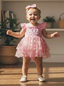 Baby Girl 1st Birthday Clothes One Year Old Tulle Romper Flying Sleeve Bodysuit Cake Smash Outfits - 藕粉色 - 查看 2