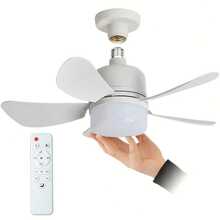 1pc Ceiling Fan With Light And Remote Control, Minimalist 5-Blade Round White Design, E27 Socket Compatible Noiseless Dimmable LED Light, Suitable For Bedroom, Kitchen, Living Room, Balcony Small Bulb/Ceiling Fan - 彩色 - 查看 1
