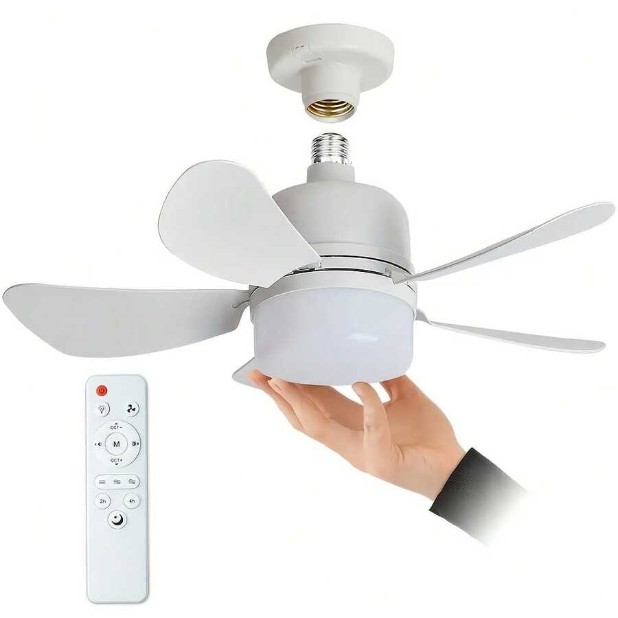 1pc Ceiling Fan With Light And Remote Control, Minimalist 5-Blade Round White Design, E27 Socket Compatible Noiseless Dimmable LED Light, Suitable For Bedroom, Kitchen, Living Room, Balcony Small Bulb/Ceiling Fan - 彩色 - 查看 1
