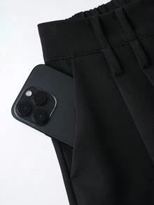 SMILE CHIC 女士春季休闲阔腿裤，宽松直筒版型，纯色独特腰带设计，适合办公室和日常穿着，百搭显瘦，黑色款 - 黑色 - 查看 5