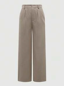 SMILE CHIC PETITE 返校季复古高腰西装裤，轻盈透气宽松修身直筒裤，适合春夏通勤、工作、日常穿着。 - 卡其色 - 查看 7