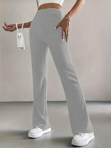 Elegant Solid Color Ribbed Stripe Elastic Waist Straight Leg Grey Casual Pants, Versatile Minimalist Daily Commute Style - Grey - View 3