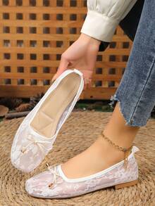 Women's Summer Lace Mesh Soft Bottom Flat Shoes, Square Toe Bow Slip-On Casual Loafers - White - View 1