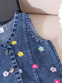 2pcs/Set Toddler Girls' Sweet Street Style Embroidered Floral Sleeveless Tank Top And Denim Skirt With Pockets Set, Summer - Blue - View 5