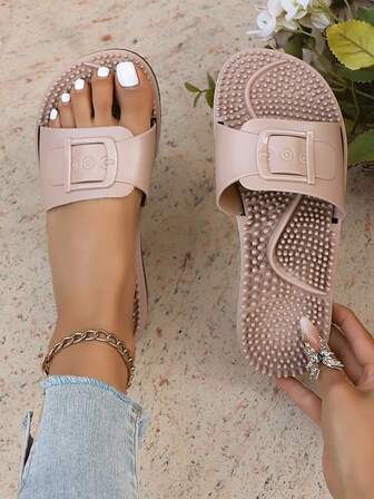 Dam enfärgade bruna massagebotten enkla moderiktiga sandaler, casual resort strandstil, svarta mjuka tofflor, lämpliga för vått vatten, badrumstofflor, strandskor