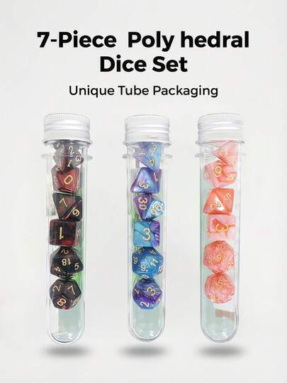 Juego de 7 dados poliédricos acrílicos, dados de múltiples caras con patrones de mármol y galaxia, números en dorado y tubo de almacenamiento transparente, accesorios de RPG de mesa para juegos de mesa de fantasía