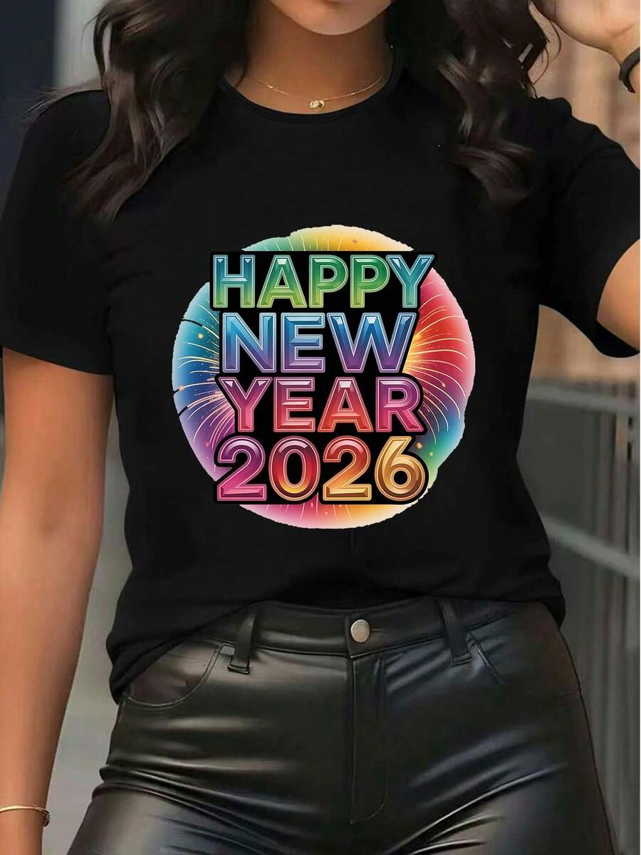 Damska koszulka z krótkim rękawem, nadruk Szczęśliwego Nowego Roku 2026, luźna koszulka z nadrukiem tęczowego gradientu i fajerwerków, z okrągłym dekoltem, miękka i wygodna, świąteczna koszulka na imprezę noworoczną w 2026 roku - Czarne - Zobacz 1