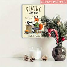 2D Flat, 1pc Vintage Sewing Fox Metal Sign, 8x12 Inch - Whimsical Iron Wall Art With Stitching Theme, Ideal For Craft Room, Studio, Or Bedroom Decor, Perfect Gift For Handmade Enthusiasts, Craft Room Decor, Perfect For Room Decor - White - View 7