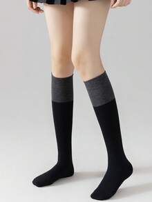 1/2/3/4双装女士过膝袜，黑灰撞色设计，户外运动袜，休闲条纹袜，舒适保暖 - 彩色 - 查看 10