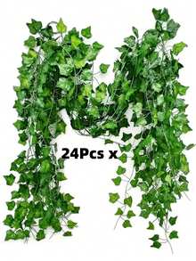 24/12/1件装绿色人造植物花环，塑料常绿常春藤藤蔓花环，适合家居花园装饰、婚礼派对DIY假花环叶子、情人节母亲节返校派对装饰、送给女朋友、妈妈、爸爸、老师的礼物（有气味，需放置于窗边通风2-3天）