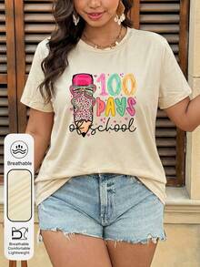 Plus Size Women's Daily Bow Pencil Graphic Crew Neck Short Sleeves Casual Summer Women's Tops ,Stars And Love 100-Day Back To SchoolGraphic Valentine's Day And Back To School Women's Apricot T-Shirt - Apricot - View 2
