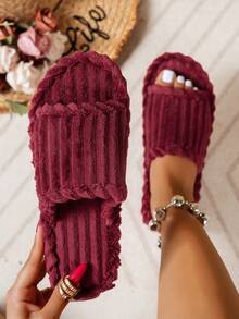 Women's Striped Fabric Slippers, Fashionable Casual Indoor Wear, Autumn/Winter - Burgundy - View 7