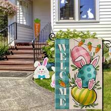1pc Easter Celebration Garden Flag - 12x18 Inches, Outdoor Welcome Decor For Spring And Summer, With Egg, Carrot, Plaid Design, Durable Polyester, No Power Needed - Baby Blue - View 5