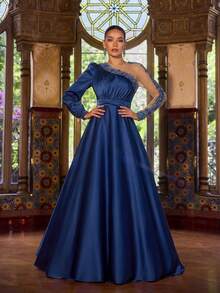 Faeriesty Vestido de Festa Elegante Feminino de Gola Redonda e Manga Assimétrica, Vestido Longo Formal Sofisticado com Entradas de Tule Transparente, Acabamento em Renda e Silhueta Ajustada - Perfeito para Eventos de Feriados, Festas de Ano Novo, Cerimônias Formais, Galas e Bailes de Máscaras, Dia dos Namorados - Azul petróleo - Visão 5