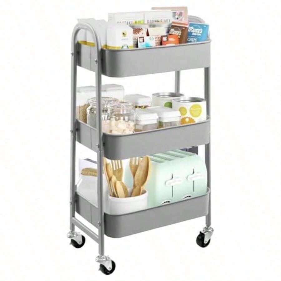 Carrito de Alenamiento Metal con 3 Niveles Carrito de Utilidad móvil Organizador con Ruedas Fácil de Montar para Oficina para Baño Cocina Salón Oficina Gray - Gris -0 - Ver 1