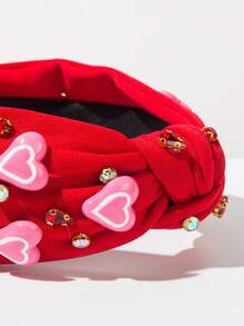 1 Peça Faixa de Cabeça Larga de Tecido Vermelho e Rosa Sólido com Nó, Elemento da Moda do Dia dos Namorados, Decoração Minimalista de Coração com Gotejamento de Strass, Estilo Doce e Fofo, Acessório Versátil para o Dia dos Namorados e Feriados - Vermelho - Visão 3