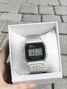 Casio 男女通用时尚电子手表 A168WA-1、A159W-N1 复古不锈钢表带方形表盘腕表，具备日历、闹钟和秒表功能，防水，适合日常佩戴