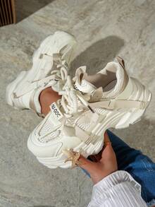 2024春夏新款软皮厚底运动鞋，女士透气网面跑步鞋，休闲运动鞋 - 米色 - 查看 8