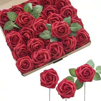 25 piezas de rosas rojas oscuras artificiales, rosas falsas realistas con tallos, adecuadas para ramos de boda DIY, centros de mesa, fiestas, baby showers, Día de San Valentín, decoraciones de árbol de Navidad (sin caja de regalo incluida)