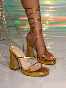 女士新款时尚交叉绑带设计粗跟性感压纹金色高跟鞋，露趾厚底凉鞋，适合派对、夜店、舞会等场合。 - 金色 - 查看 2