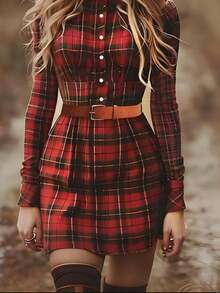 Nuevo vestido corto casual 202X Primavera estilo Occidental | Estampado a cuadros retro, manga larga, holgado - Rojo - Ver 3