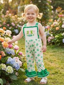 Toddler Baby Girls Spring Jumpsuit Bell Bottoms Shamrock Letter Pattern Ruffled Trim Sleeveless Overalls - Green - View 1