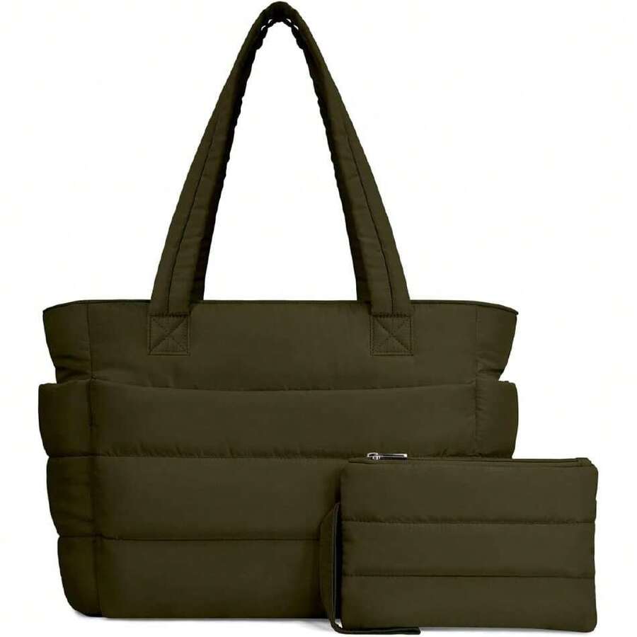 Puffer Tote Bag For Women, Lightweight Puffy Handbag With Compartments, Quilted Shoulder Bag For Work, Travel, Gym,39697602 - Dark Green - View 1