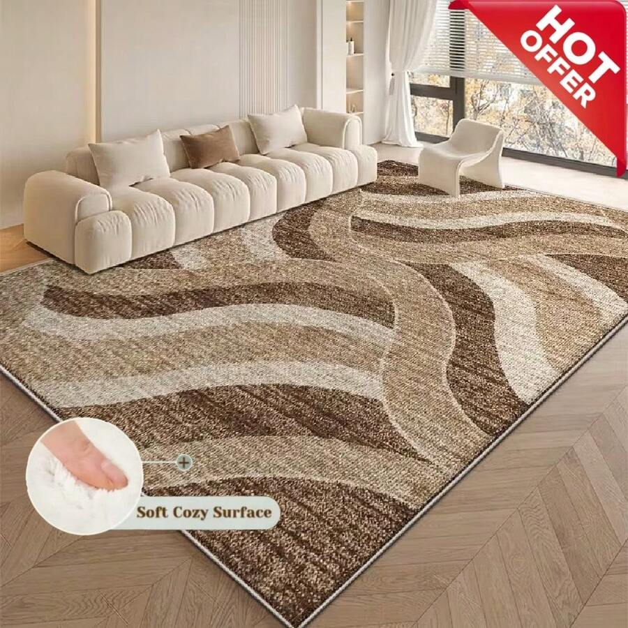Thảm nhung cao cấp dày dặn (850g/㎡) - Được làm từ chất liệu cao cấp mật độ cao, thiết kế họa tiết lượn sóng, phong cách tối giản hiện đại, hoàn toàn phù hợp với nhiều kiểu trang trí nội thất khác nhau.
