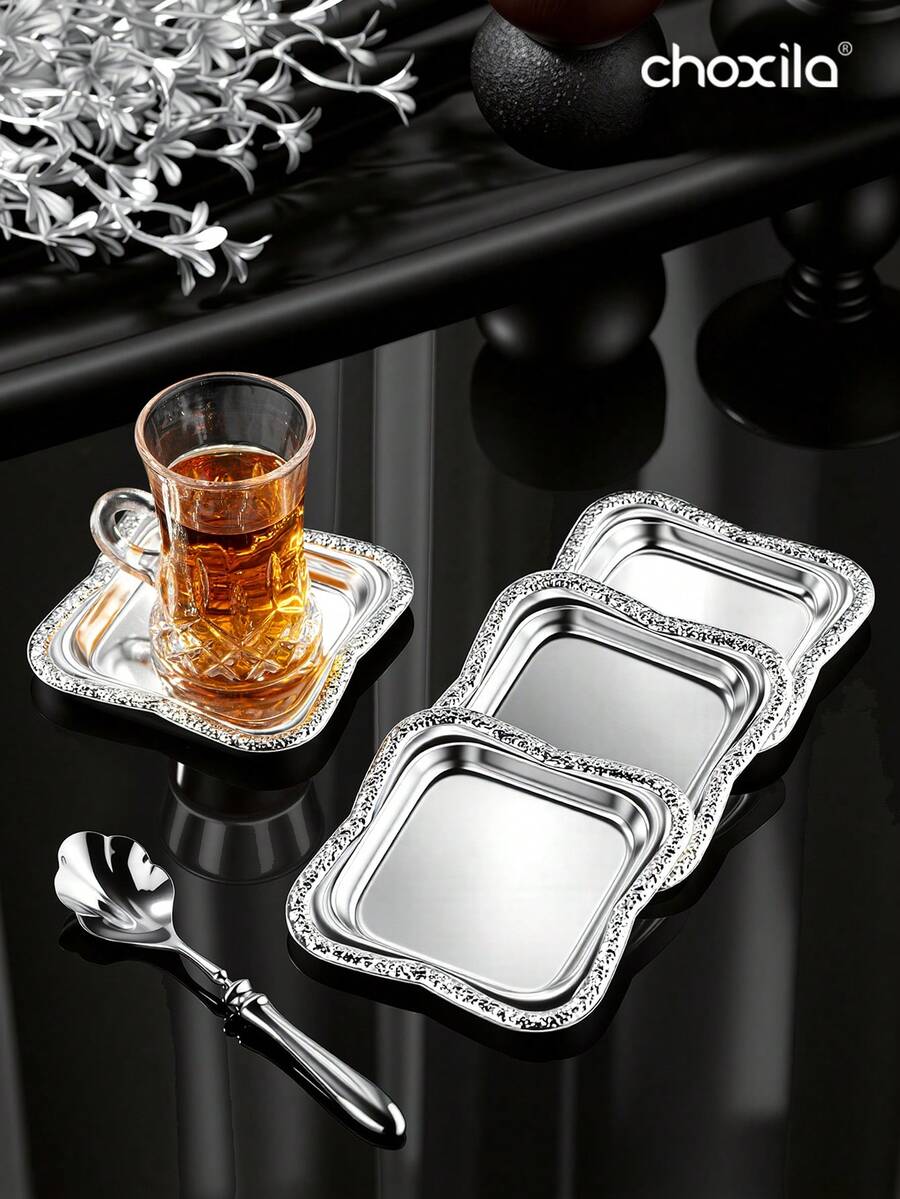 choxila 1/2/3件套磨砂金边杯托，方形杯托，杯垫，餐盘，枣盘，糖果盘，适用于家庭、咖啡馆、斋月 - 銀色 - 查看 1