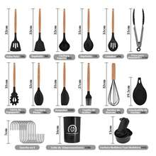 34 Piece Silicone Heat Resistant Kitchen Utensil Set with Ergonomic Wooden Handles, Easy To Clean & Non Stick - Negro - Ver 3