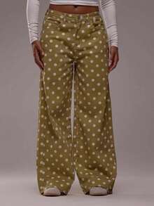 Polka Dot Jeans Women Low Rise Cute Baggy Jeans Y2k Straight Wide Leg Boyfriend Denim Pants Streetwear - 卡其色 - 查看 3