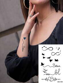 2pcs Temporary Tattoo Stickers - Waterproof Body Art With Heart, Feather, EKG And Music Note Designs, Suitable For Wrist And Arm - Unisex Reusable Body Jewelry, Minimalist Tattoo Design - Black - View 3
